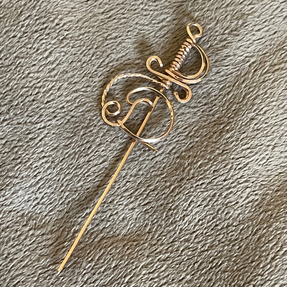 Handmade wrapped wire sword pin/brooch in a gold-tone finish